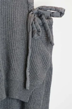 Grey, ribbed, long-sleeved, shoulder less, cropped cashmere sweater with lace up detailing on the shoulders
