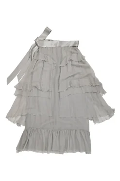 Grey silk tie-waist tiered midi skirt with pannier-style hip ruffle appliqué