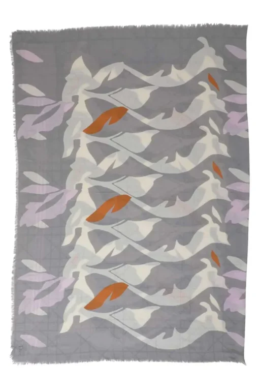 Grey silk-blend abstract print raw-edge scarf