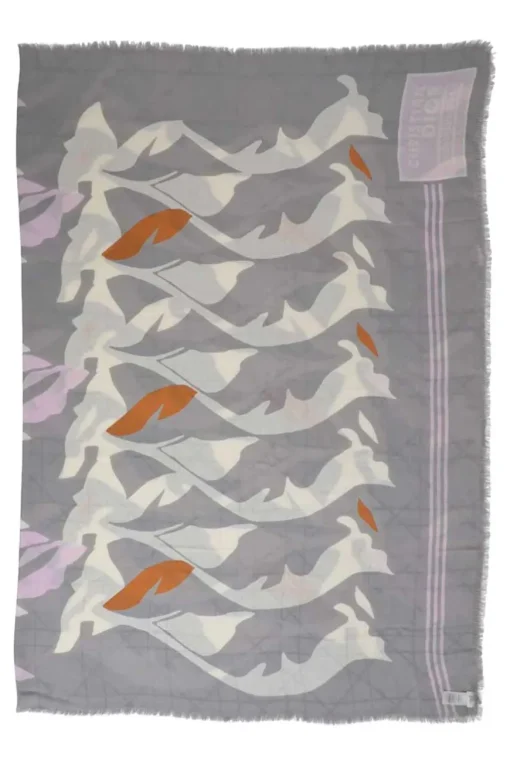 Grey silk-blend abstract print raw-edge scarf
