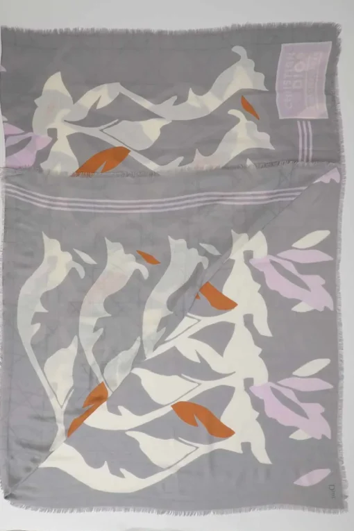 Grey silk-blend abstract print raw-edge scarf