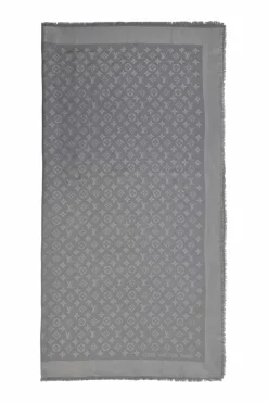 Grey silk-wool blend monogram jacquard fringe blanket shawl scarf