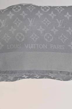 Grey silk-wool blend monogram jacquard fringe blanket shawl scarf