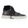 Grey snakeskin high-top sneakers with brand name embroidery at the ankle