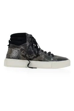Grey snakeskin high-top sneakers with brand name embroidery at the ankle