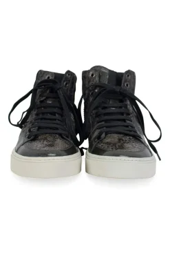 Grey snakeskin high-top sneakers with brand name embroidery at the ankle
