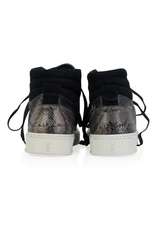 Grey snakeskin high-top sneakers with brand name embroidery at the ankle