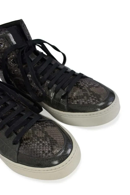 Grey snakeskin high-top sneakers with brand name embroidery at the ankle