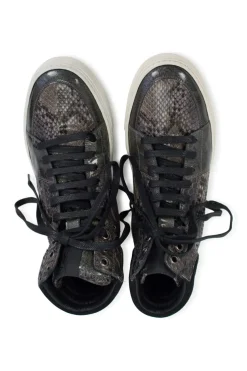 Grey snakeskin high-top sneakers with brand name embroidery at the ankle