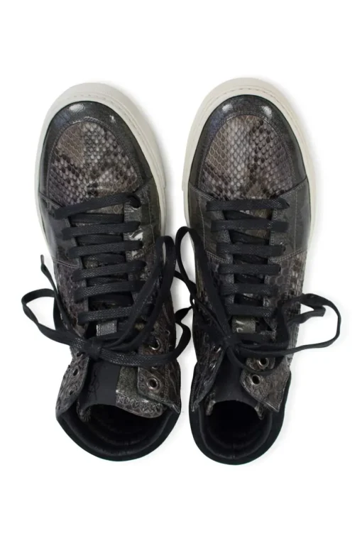 Grey snakeskin high-top sneakers with brand name embroidery at the ankle