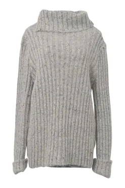 Grey speckled wool-mohair blend rib knit oversized funnel collar pullover sweater