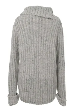 Grey speckled wool-mohair blend rib knit oversized funnel collar pullover sweater