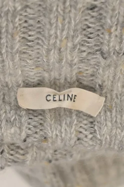 Grey speckled wool-mohair blend rib knit oversized funnel collar pullover sweater