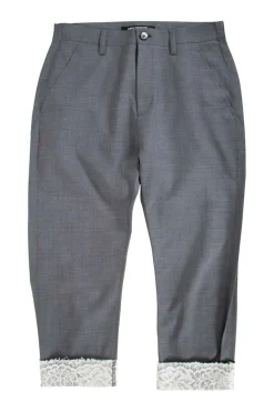 Grey tapered dress pants with white lace cuffed hem