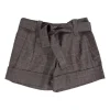 Grey tartan shorts with brown belt