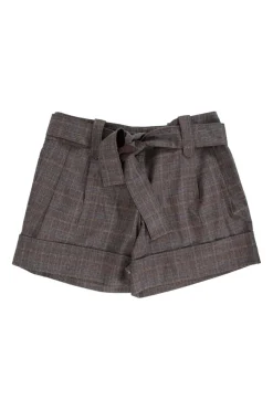Grey tartan shorts with brown belt