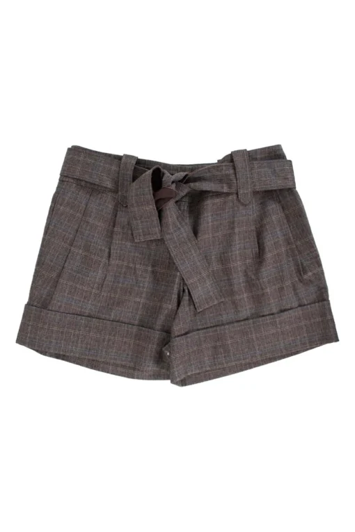 Grey tartan shorts with brown belt