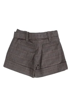 Grey tartan shorts with brown belt