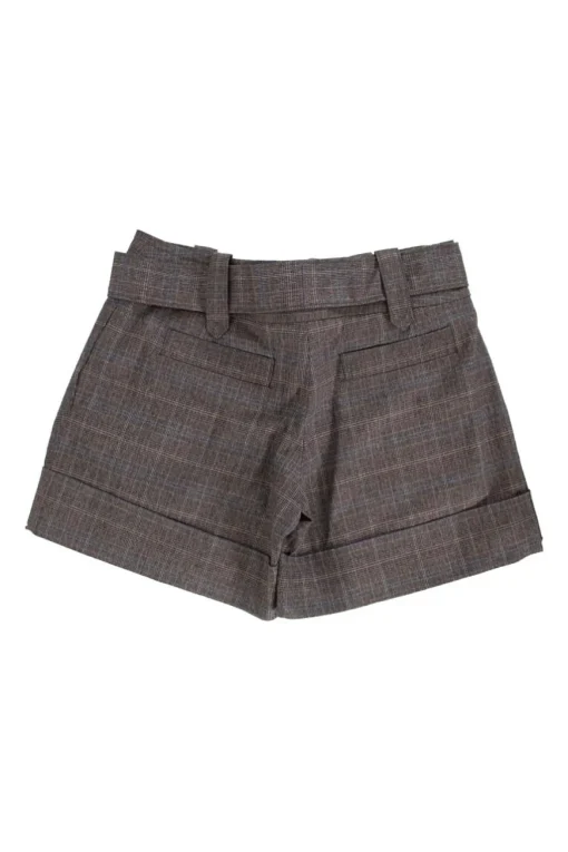 Grey tartan shorts with brown belt