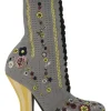 Grey technical floral pointelle knit and leather pull-on mid-calf round-toe lace-up block heel boots