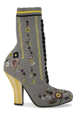 Grey technical floral pointelle knit and leather pull-on mid-calf round-toe lace-up block heel boots