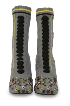 Grey technical floral pointelle knit and leather pull-on mid-calf round-toe lace-up block heel boots