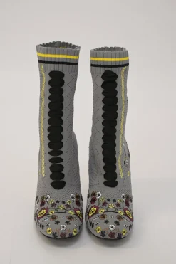 Grey technical floral pointelle knit and leather pull-on mid-calf round-toe lace-up block heel boots