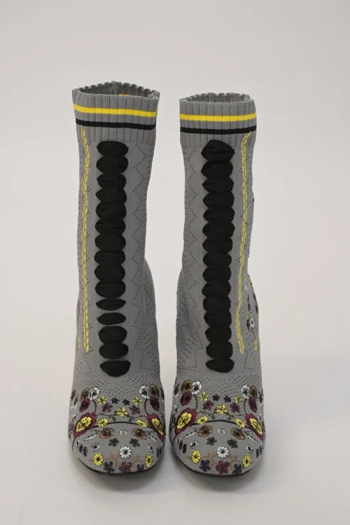 Grey technical floral pointelle knit and leather pull-on mid-calf round-toe lace-up block heel boots