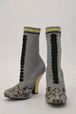 Grey technical floral pointelle knit and leather pull-on mid-calf round-toe lace-up block heel boots