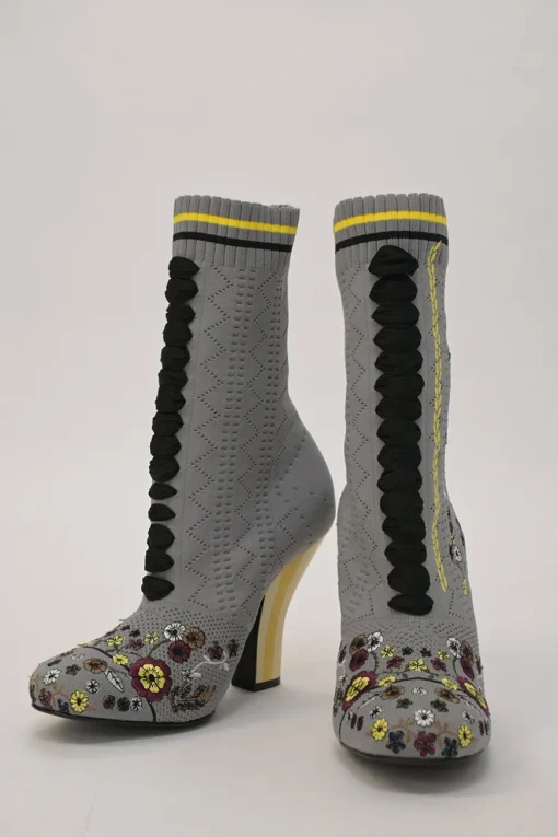 Grey technical floral pointelle knit and leather pull-on mid-calf round-toe lace-up block heel boots