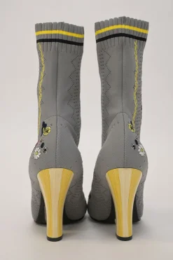 Grey technical floral pointelle knit and leather pull-on mid-calf round-toe lace-up block heel boots
