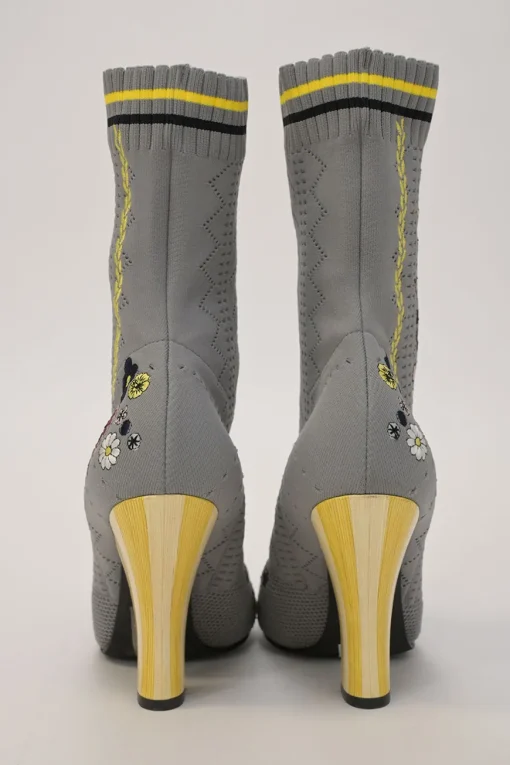 Grey technical floral pointelle knit and leather pull-on mid-calf round-toe lace-up block heel boots