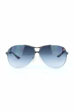Grey tinted aviator, silver metal framed sunglasses with ladybird emblem