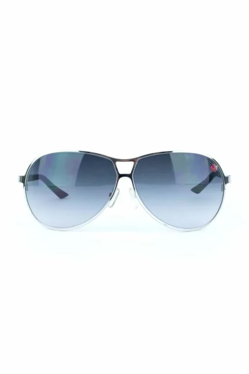 Grey tinted aviator, silver metal framed sunglasses with ladybird emblem