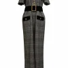 Grey velvet-trimmed Prince of Wales wool crewneck belted jumpsuit with gold-tone metal hardware