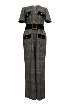 Grey velvet-trimmed Prince of Wales wool crewneck belted jumpsuit with gold-tone metal hardware
