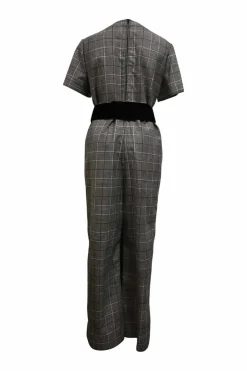 Grey velvet-trimmed Prince of Wales wool crewneck belted jumpsuit with gold-tone metal hardware