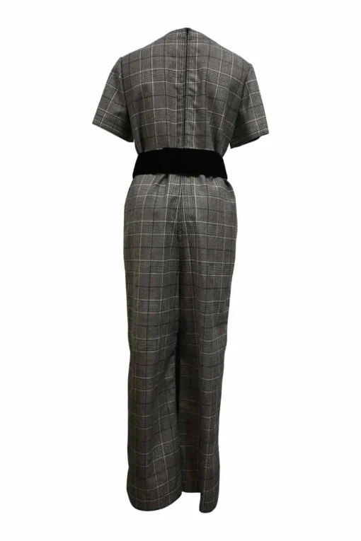 Grey velvet-trimmed Prince of Wales wool crewneck belted jumpsuit with gold-tone metal hardware