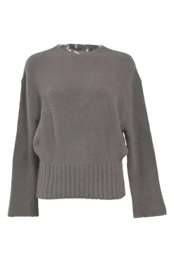 Grey virgin wool-blend knit crewneck sweater