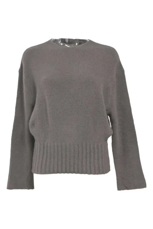 Grey virgin wool-blend knit crewneck sweater