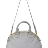 Grey vitello leather convertible top handle satchel with detachable shoulder strap