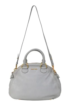 Grey vitello leather convertible top handle satchel with detachable shoulder strap