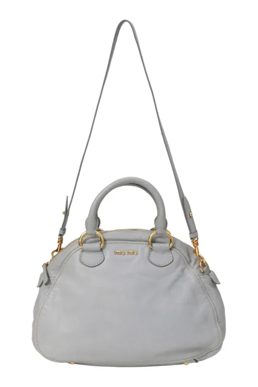 Grey vitello leather convertible top handle satchel with detachable shoulder strap