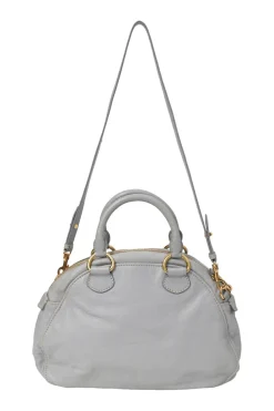 Grey vitello leather convertible top handle satchel with detachable shoulder strap