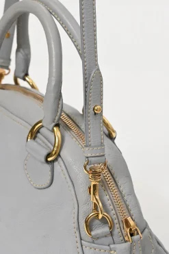 Grey vitello leather convertible top handle satchel with detachable shoulder strap