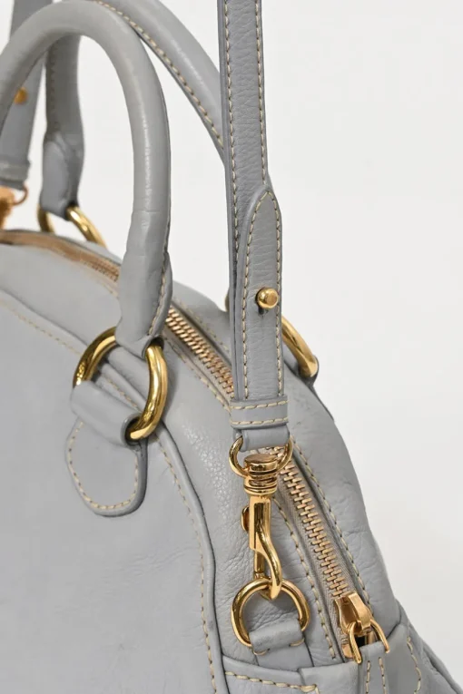 Grey vitello leather convertible top handle satchel with detachable shoulder strap