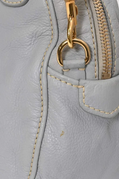 Grey vitello leather convertible top handle satchel with detachable shoulder strap