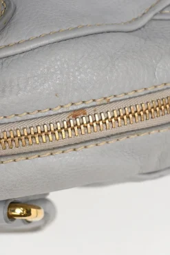 Grey vitello leather convertible top handle satchel with detachable shoulder strap