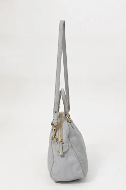 Grey vitello leather convertible top handle satchel with detachable shoulder strap