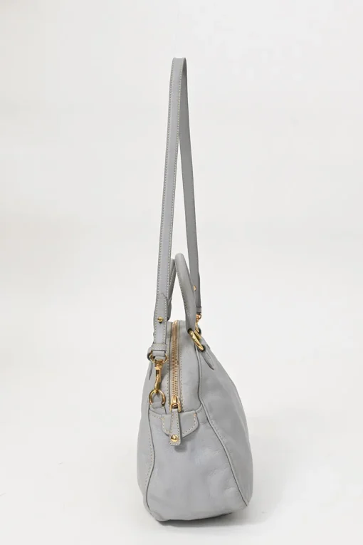 Grey vitello leather convertible top handle satchel with detachable shoulder strap